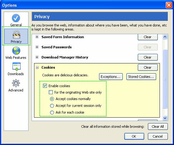 Mozilla Options configuration dialog